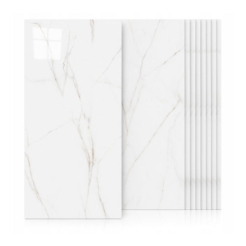 Selbstklebende PVC-Fliesen in Marmor-Optik, weiß, 10 Stück, 60×30 cm – starke, wasserdichte, glänzende Wandpaneele, schnelle Klebeharz-freie Installation, für Küche, Badezimmer, Flur, 1,8 m²