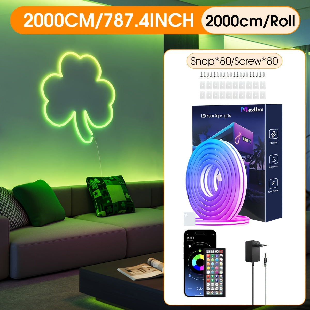 30m/20m/15m/10m/5m Intelligente Flexible LED Neon Lichterkette mit App/Fernbedienung, Hochwertig, Dimmbar, Outdoor RGB Lichterkette, Musik-Sync oder DIY, Timer-Funktion für Räume, Geschenke