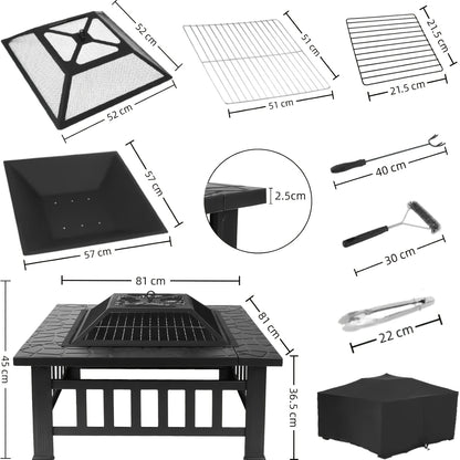 Kamin mit Funkenfänger 81 cm, abgedeckte Feuerstelle, Feuerschale und Feuerkorb für Gartenkamin, inklusive Grill, Holzkohlebrenner, Poker, Grillzange, für Gartenpartys, Außenheizung