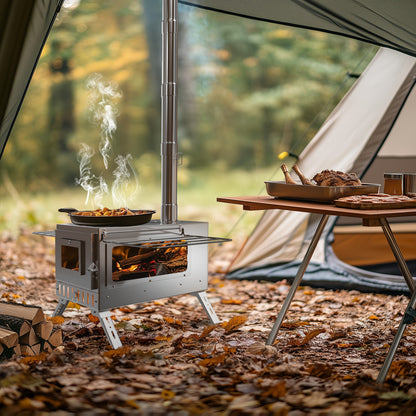 Edelstahl-Camping-Holzofen mit 7 Schornsteinrohren, tragbarer Holzverbrennungsofen für Winterwärme, Zeltheizung und Kochen, Wandzelt-Camping, Wasser kochen, Jagd, Hinterhof-Feuerstelle