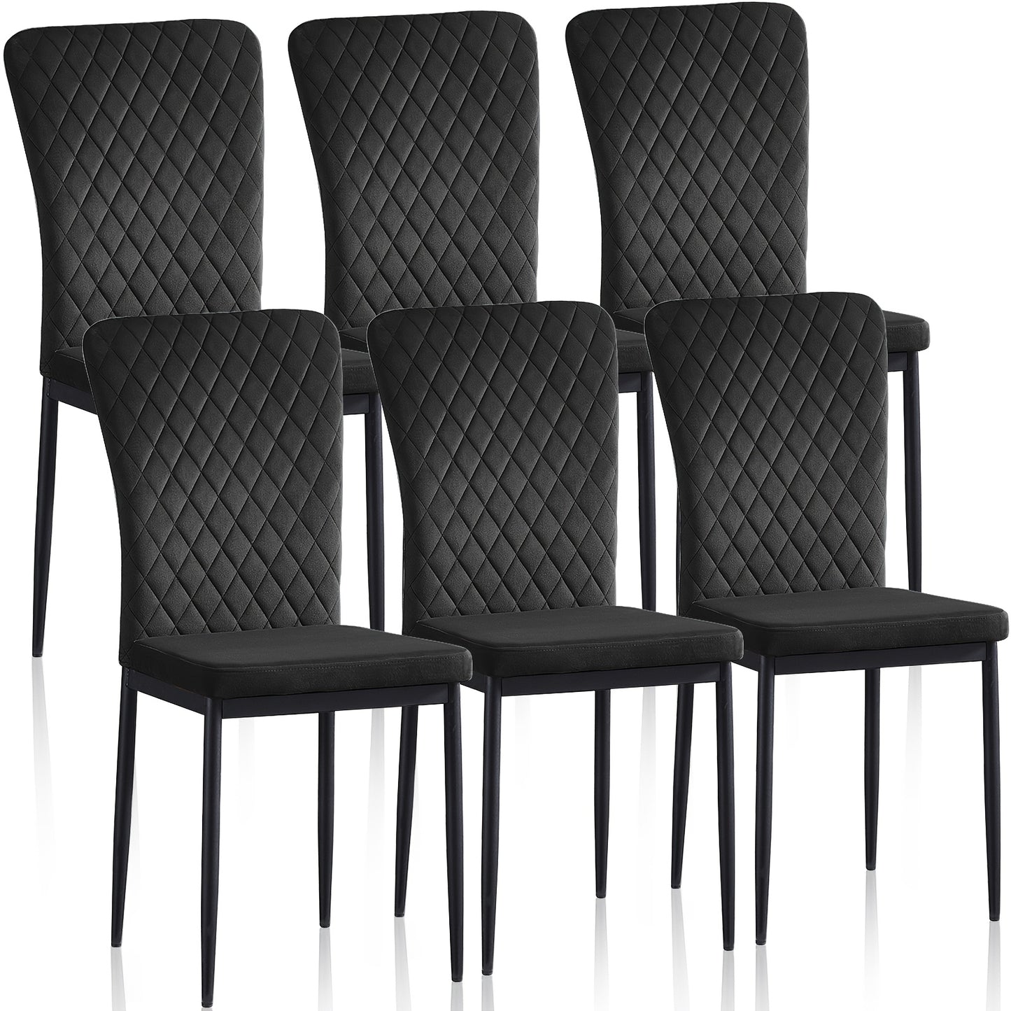 Esszimmerstühle Set aus 4/6 Stück – Samt/Kunstleder, ohne Armlehnen, hohe Rückenlehne, gepolsterter weicher Sitz mit schwarzen Metallbeinen für Esszimmer, Küche