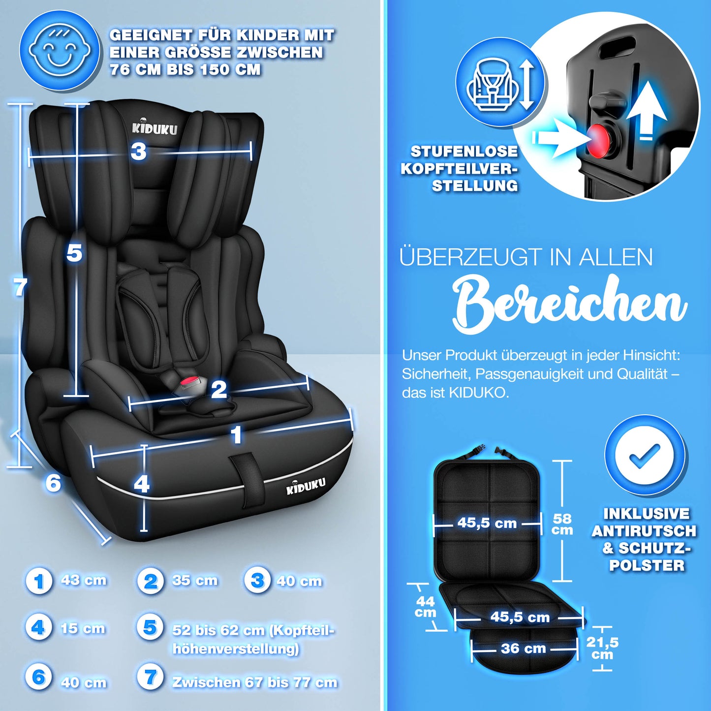 KIDUKU® Kindersitz Auto 9-36 kg (1-12 Jahre) mit Kindersitzunterlage - Autositz ECE R129/03, Gruppe 1/2/3 Autokindersitz 3-Punkt-Sicherheitsgurt Kinderautositz einstellbare Kopfstütze