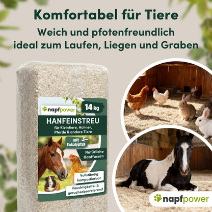napfpower® Hanfeinstreu 14 kg für Hühner, Kleintiere & Pferde | staubarmes Hanfstreu für Hühner & Kleintiere | extrem saugfähiges & kompostierbares Hanf Einstreu für Tierställe