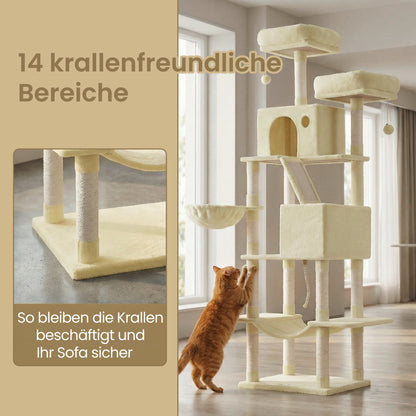 XXL Katzenklettergerüst 206 cm hoch einem Kippschutz, Kratzbaum Katzenbaum mit 13 Kratzsäulen, 2 Plattformen, 2 Höhlen, Korb, Hängematte, Plüschbälle,Stabiles Und Langlebiges ,Einfache Montage,für Wohnungskatzen die gerne klettern und hoch hinaus wollen