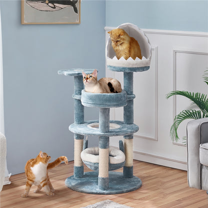 Costoffs Meer-Kratzbaum Maritimer Katzenkratzbaum Ozean-Design Katzenbaum mit Haifischmaul-Plattform Hängematte Sisalseil