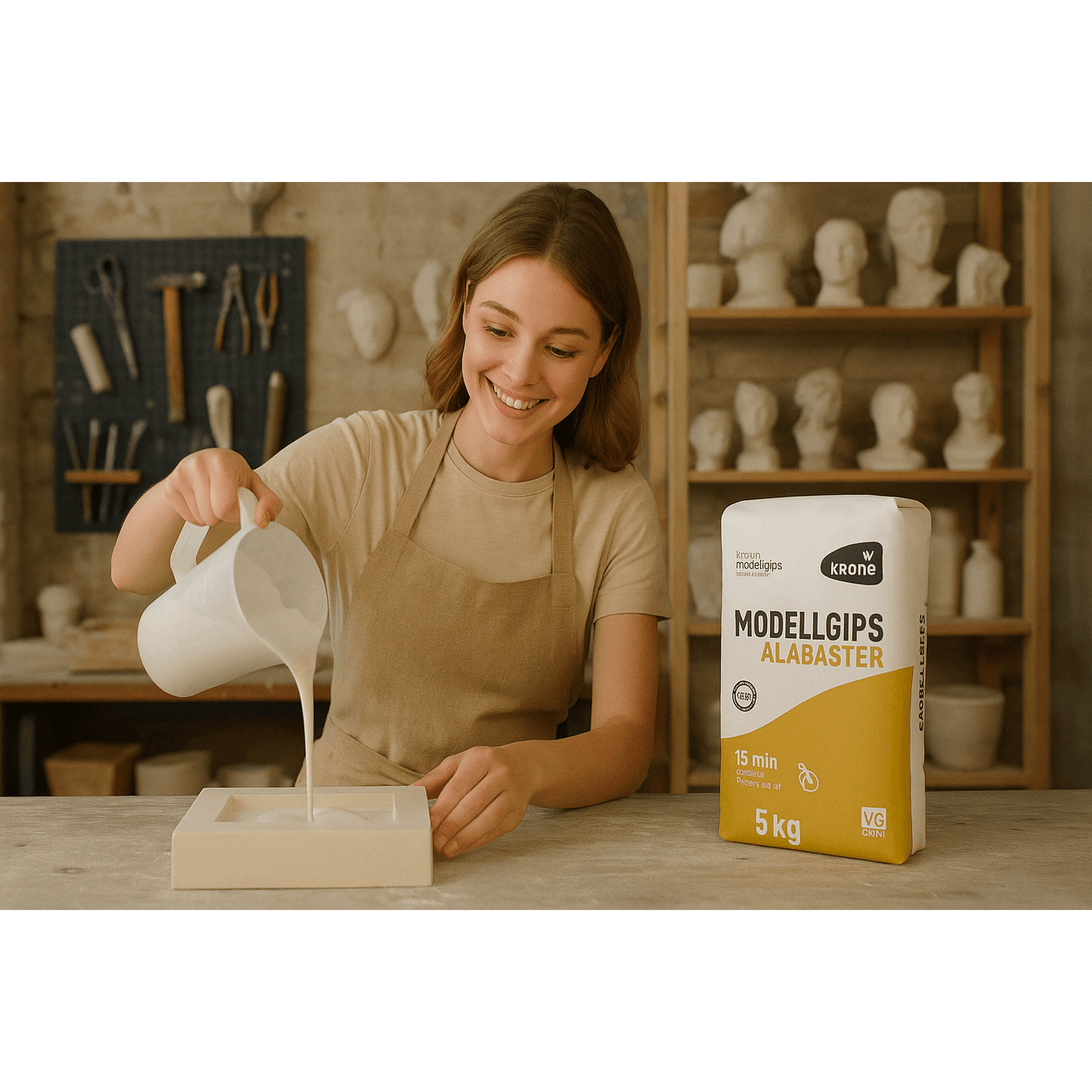 Krone Alabaster Gips 5 kg – Feiner Modellgips für Gießformen, Bastel-, Form- und Modellbauarbeiten, altweiß, schnell härtend