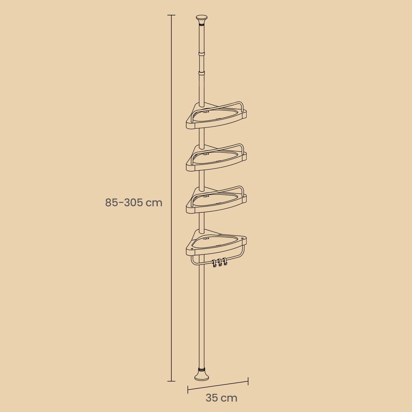 Duschregal, Eckregal Bad, mit 4 Ablagen, Badregal, Gesamthöhe 85-305 cm, höhenverstellbar, Badezimmer-Regal