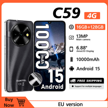 OUKITEL C59 Android Handy, 10000mAh Akku-Smartphone, 6.88" HD+ Entsperrter Mobiltelefon mit 120LM, 16GB(4+12)+128GB/TF 1TB Entsperrter Mobiltelefon, 13MP Kamera, 4G Dual-SIM/Face ID/Fingerabdruck/GPS/Naht