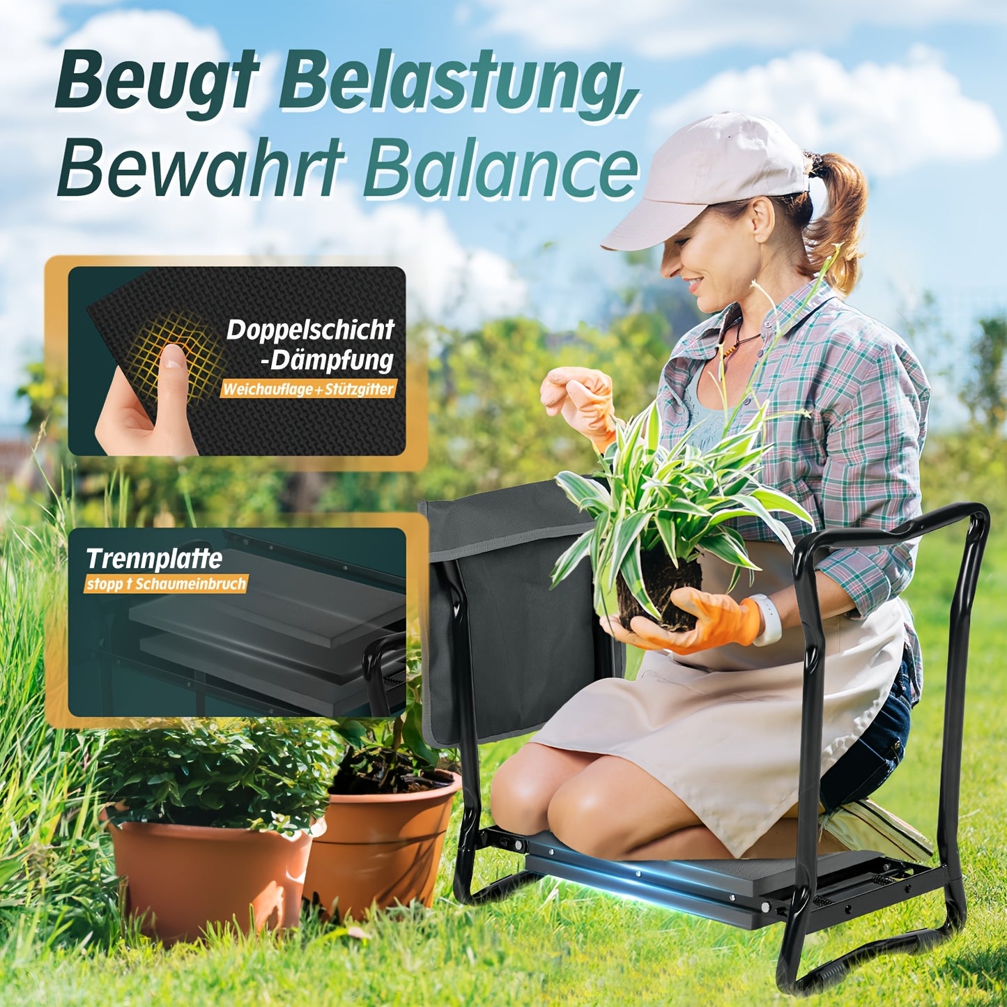 Höhenverstellbare Kniendbank für die Gartenarbeit, Tragkraft 180 kg, klappbarer Gartenhocker mit Werkzeugtaschen, Kniehilfe für die Gartenarbeit, 60 x 50 x 28 cm, Schwarz (Standard)