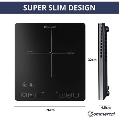 Induktionsherd 1 Platte 2000 W Tragbarer Super Schlanker Design bis zu 240 °C mit 4h Timer, Touch-Steuerung, Kindersicherheit, Professioneller Induktionsherd
