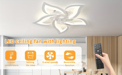LED Leiser Deckenventilator mit Beleuchtung, Schlafzimmer Deckenleuchte mit Fernbedienung und App, Dimmbare Lampe mit Ventilator 5 Lichter Blumenform Acryl Lampenschirm Wohnzimmer Küche, 69Cm