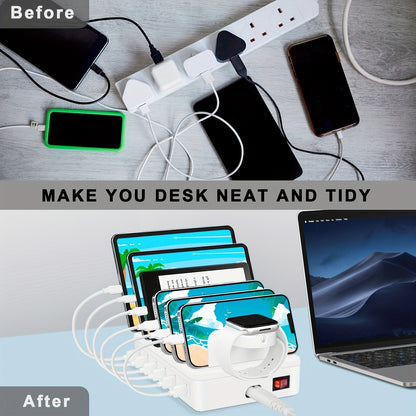 Schnellladehub für verschiedene Geräte, 50W 6-Port USB-Ladestation mit 10-Slot, herausnehmbaren Trennwänden, Uhrenständer, kompatibel mit Handys, Kindles und Tablets (inklusive 6 kurzen Kabeln) in Weiß