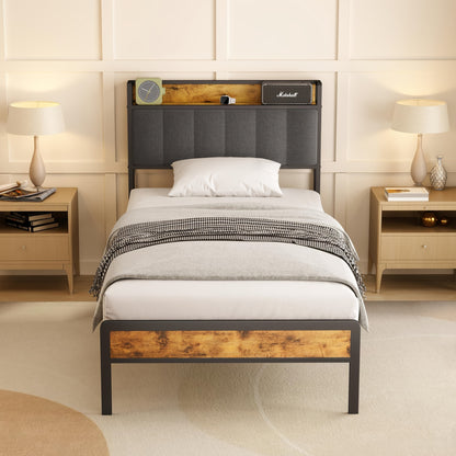 Stilvolles gepolstertes Holzbett mit Metallrahmen, elegantes Doppelbett mit Lattenrost  stützendem Kopfteil – Perfekt für jedes Schlafzimmer (Dunkelgrau, Grau)