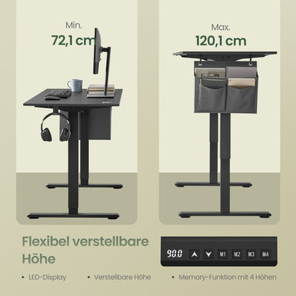 Höhenverstellbarer Schreibtisch elektrisch, 160 x 70 cm, Verstellbarer Tisch, Memory-Funktion für 4 Höhen, für Büro, tintenschwarz /vintagebraun