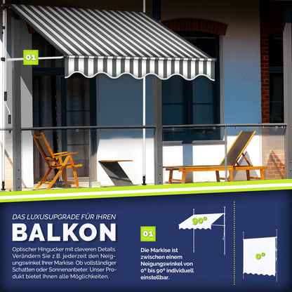 tillvex® Klemmmarkise Balkon mit Handkurbel | Balkonmarkise ohne Bohren | Markise UV-beständig & höhenverstellbar | Sonnenschutz Terrasse Wasserfest