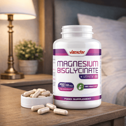 Magnesium und Vitamin B6 - Magnesium Bisglycinat - 250 mg reines Magnesium - 120 pflanzliche Kapseln - Hohe Bioverfügbarkeit - Magnesium Bisglycinat und Vitamin B6 Vaexdar Supplemente