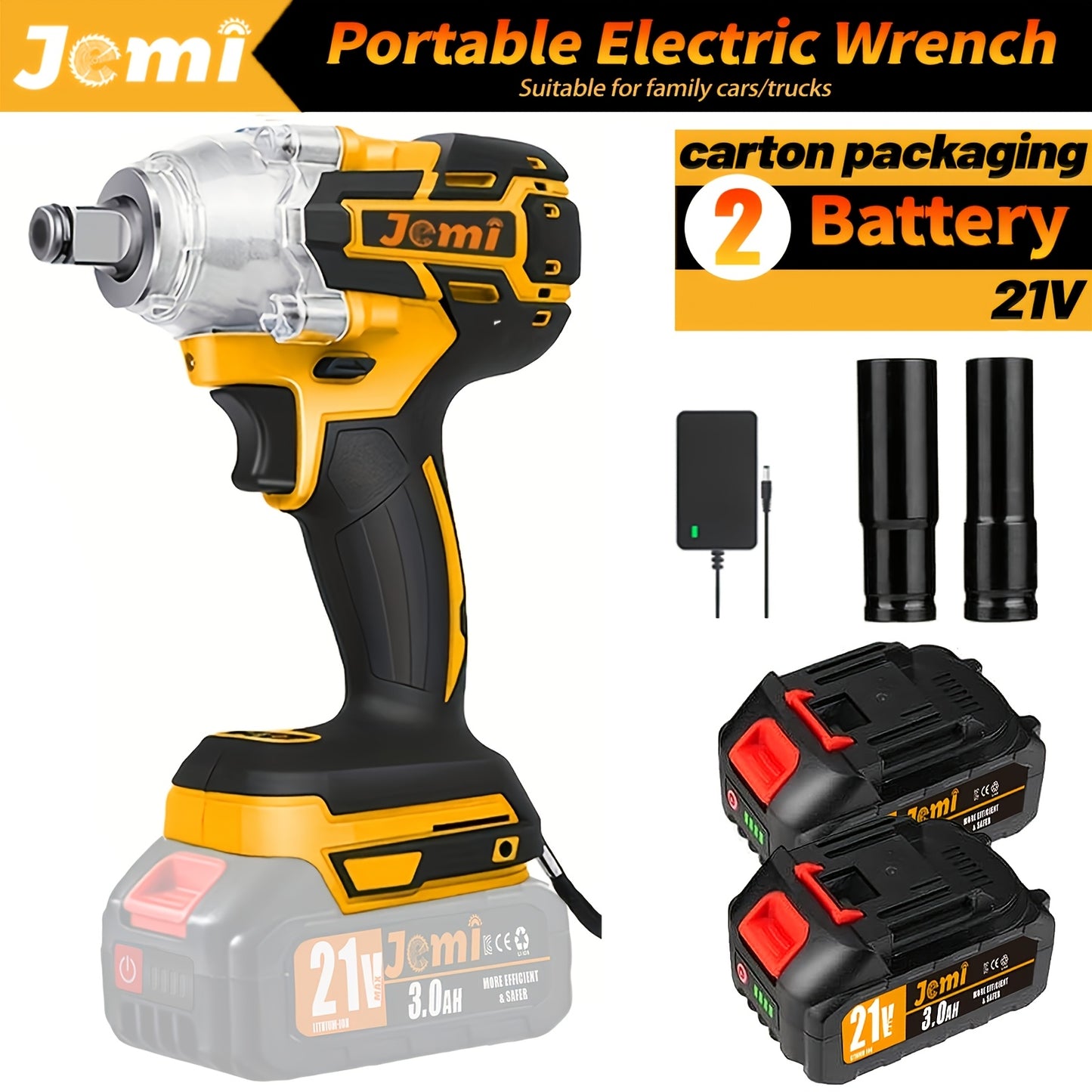 Jemi Tool 21V Akku-Schlagschrauber-Set, 4500 U/min, hohes Drehmoment, 1/2-Zoll-Antrieb, mit Steckschlüssel oder 13-mm-Bohrschraubenadapter, 3,0-Ah-Akku, Schnellladegerät, erhältlich in Kunststoffkoffer-Verpackung, ideal für die Autoreparatur und LKW-Repar