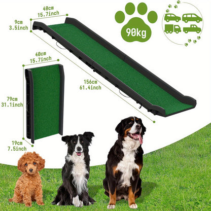 Klappbare Hundetreppe mit Kunstrasen, rutschfest, robust, bis zu 90 kg, 156 x 40 cm, grün – Autorampe für Haustiere, Einstiegshilfe