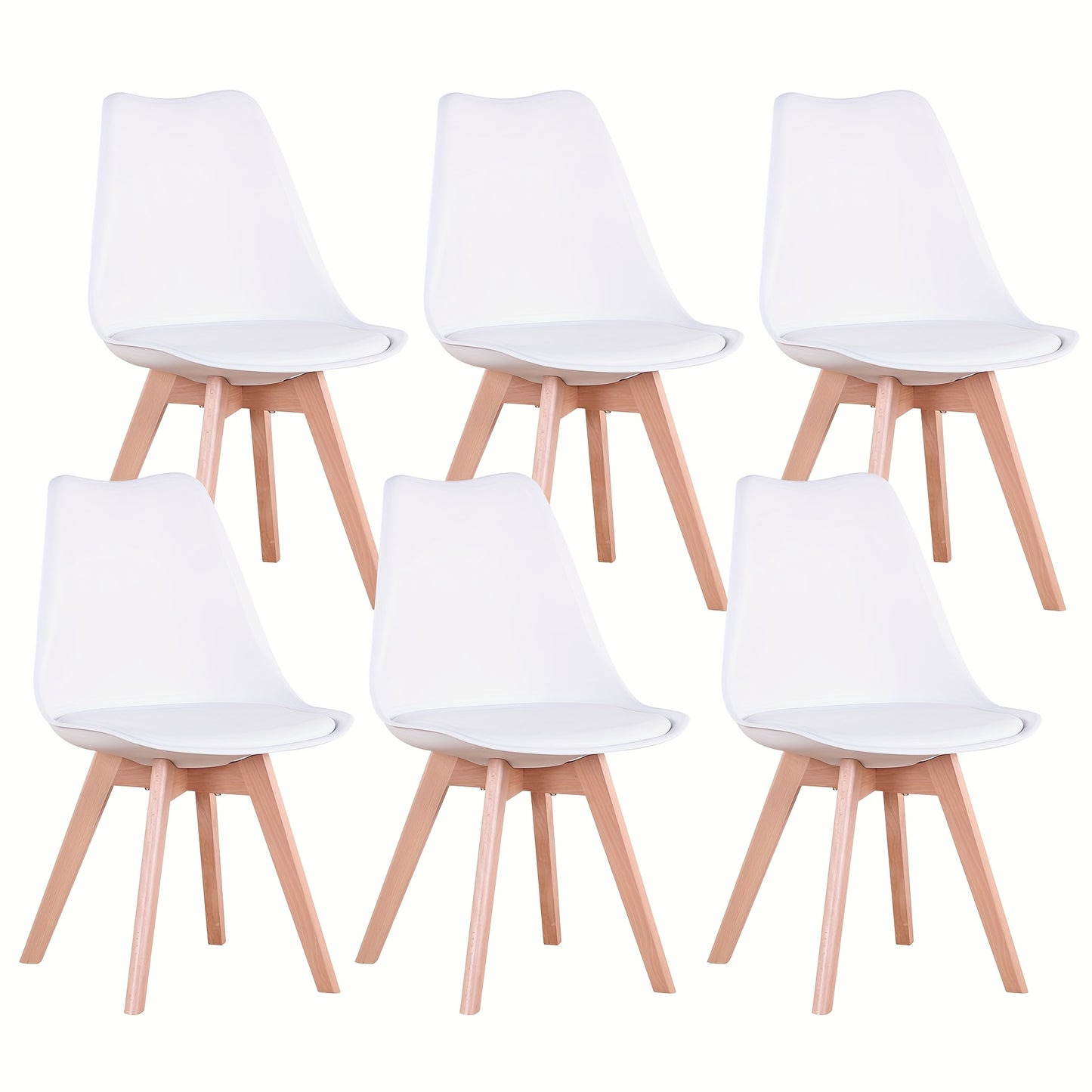 Ein Set aus 6 Mid-Century Modern Esszimmerstühlen, Küchenstühlen, Bürostühlen, Designer-Shell-Stühlen mit ergonomischen Kunstlederkissen & massiven Holzbeinen für Küche, Wohnzimmer, Schlafzimmer, Weiß