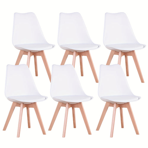 Ein Set aus 6 Mid-Century Modern Esszimmerstühlen, Küchenstühlen, Bürostühlen, Designer-Shell-Stühlen mit ergonomischen Kunstlederkissen & massiven Holzbeinen für Küche, Wohnzimmer, Schlafzimmer, Weiß