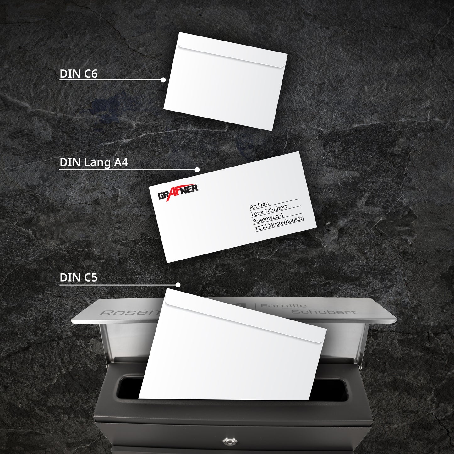 Briefkasten personalisiert, mit Name Straße Hausnummer, anthrazit RAL7016, Zeitungsfach und 2 Schlüssel, V2A Namensschild, Postkasten, Grafner Wandbriefkasten graviert, incl. Montagematerial anthrazit Briefkasten mit Namen personalisiert graviert anthrazi