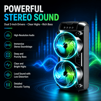 Tragbarer kabelloser Lautsprecher mit zwei 3-Zoll-Subwoofern für mächtigen Bass, FM-Radio, LED-Partylichtern, eingebautem Mikrofon und Lautsprechern mit hohem Lautstärkewert. Ideal für Zuhause, Geburtstage, Camping, Valentinstag, Ostern, Muttertag und Frü