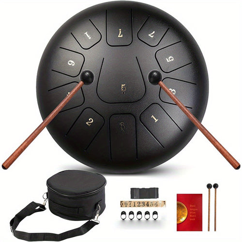 25,4 cm 11-Ton Stahltrommel - Handpan-Instrument mit Trommelschlägern, Tragetasche & Notenstäben - Schwarz für Meditation, Musikbildung & Unterhaltung