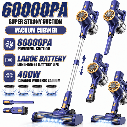 60KPA Akku Staubsauger, Cordless Vacuum Cleaner with Smart Display And Charging Station, Lightweight Anti-Tangle Vacuum Cleaner, Super Quiet Cordless Vacuum Cleaner for Hard Floors Carpets Pet Hair
