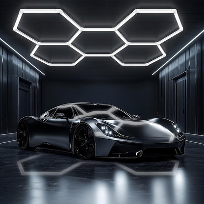 Hexagon-LED-Beleuchtungssystem | Honigwaben-Werkstattlicht | Deckenleuchte mit hexagonalem Design | Detaillicht für Autopflege, Zuhause, Ausstellungshallen, Friseure, Supermärkte, Fitnessstudios & Showrooms