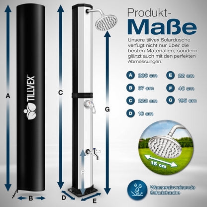 tillvex® Solardusche 20 - 60 Liter inkl. Abdeckung Solar Gartendusche Solar für draußen Pooldusche Komplettset warmes Wasser Camping ohne Stromanschluss mit Wasserhahn Gartenschlauch-Anschluss