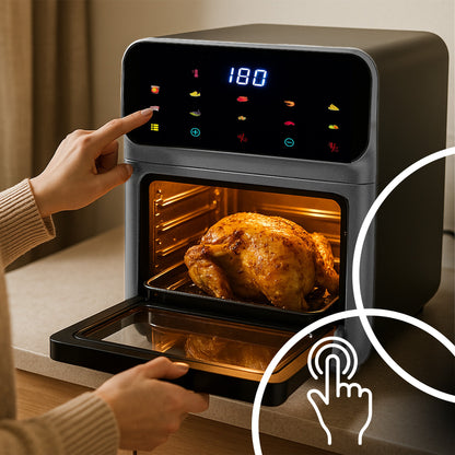 HEISSLUFTFRITTEUSE 12 L MIT TOUCH-LED-DISPLAY, 1350 W, 10 PROGRAMME, TEMPERATUR- UND ZEITREGELUNG, INNENBELEUCHTUNG, 2 BLECHE, SCHWARZ-SILBER