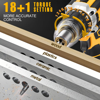 Jemi Tool 12V/21V Bohrmaschine, maximales Drehmoment 45 Nm, 3-in-1 Multifunktionsbohrmaschine mit doppelter Geschwindigkeitsanpassung, 18+1/25+3 Drehmomenteinstellungen, geeignet für Wartung und Arbeit, kann mit einem vollständigen Zubehörset in einer Pla
