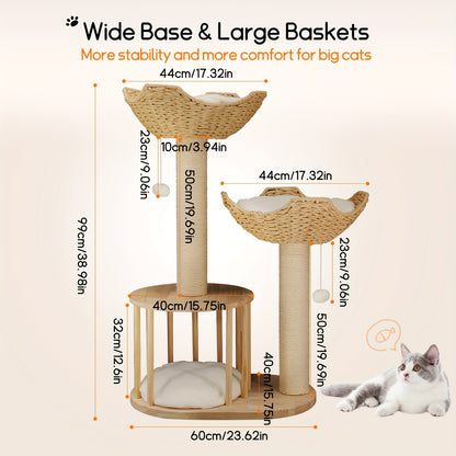 Krabbelstange aus Massivholz: Katzenbaum für Kätzchen mit Plüschkissen, gemütlicher Ruheplatz und hängender Spielball, Sisal-Krallenbaum für Katzen im Haus