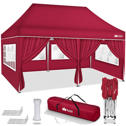 tillvex® Pavillon 3x6m Faltbar + 6x Sandsäcke | Pop-Up Faltpavillon Höhenverstellbar, Winterfest | Gartenzelt Stabil mit und ohne Seitenwänden UV Schutz 50+ | Partyzelt Wasserdicht mit Tasche für Garten