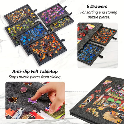 Puzzle-Tisch mit 2-in-1 Schrägdesign | Ultraleichte Filz-Puzzlebrett mit sechs Schubladen, tragbar und langlebig, Grau, Marke: Pylv