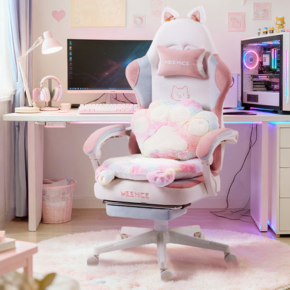Rosa Gaming-Stuhl mit süßem Katzenohr-Lendenkissen & verstellbarer Fußstütze – Ergonomischer Bürostuhl für Mädchen/Erwachsene, 136,08 kg Tragkraft, weicher Gaming-Stuhl mit Kawaii-Katzenpfoten-Design, ultimativer Komfort!