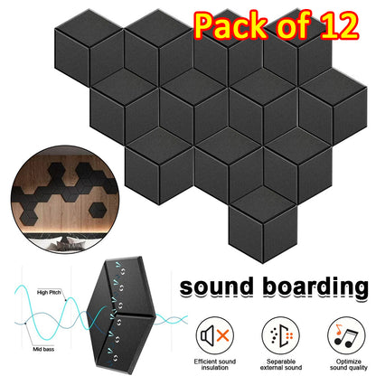12/24 Stück Selbstklebende Akustikpaneele Schallschutz Schaumstoffplatten, Hochdichte Schallabsorptionsplatten mit, Einfache Installation für Heimstudio, Büro, Theater - Modernes hexagonales Musterdesign in Schwarz/Grau/Weiß, Studio Akustik Behandlung
