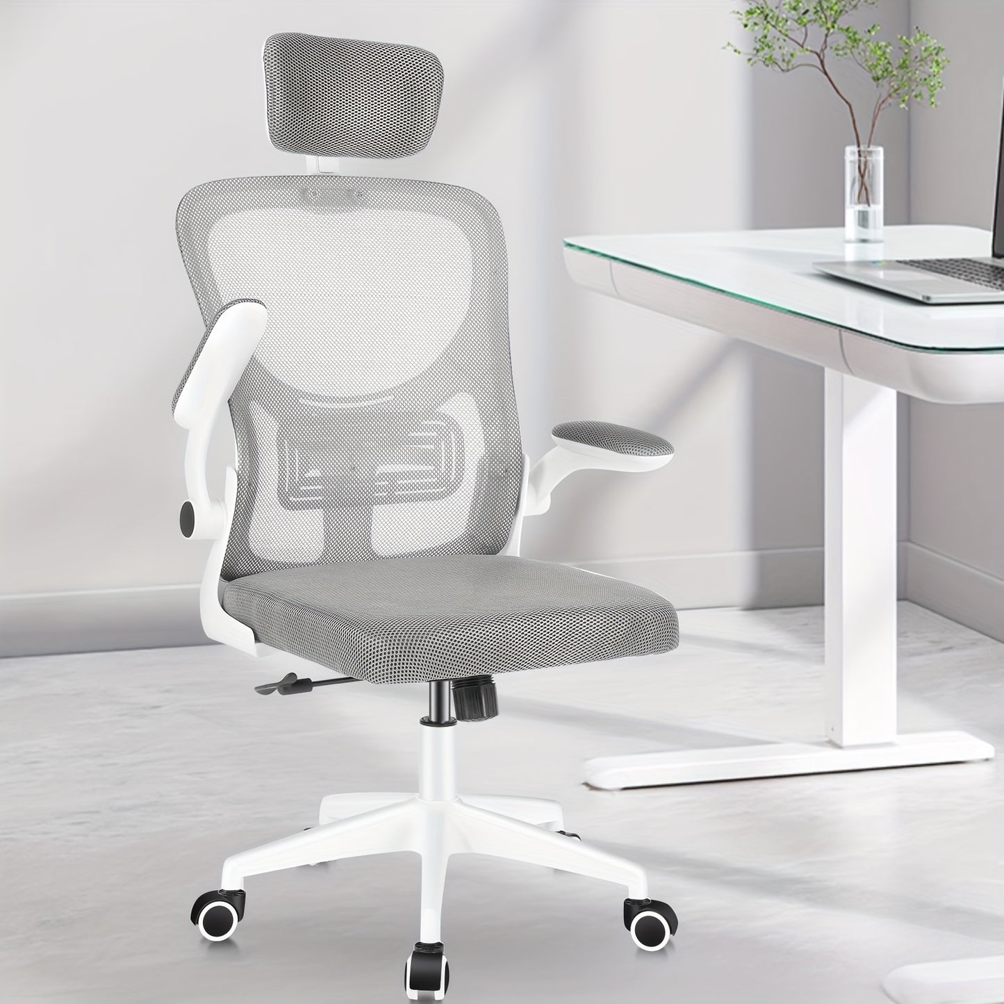 Ergonomischer weißer Netzstoff-Bürostuhl mit verstellbarer Kopfstütze, Verstellfunktion, 10 cm Höhenverstellung, 360° Drehfunktion, 90° hochklappbaren Armlehnen  Schaukelmodus für verbesserten Komfort