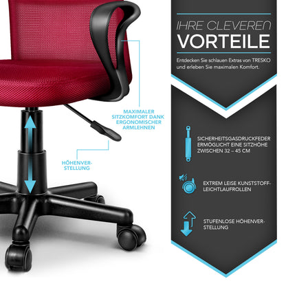 TRESKO® Bürostuhl mit Armlehnen stufenlos höhenverstellbar | Drehstuhl aus atmungsaktivem Mesh | Schreibtischstuhl mit Kunststoff-Leichtlaufrollen, gepolsterte Sitzfläche, ergonomische Passform | Computerstuhl ideal für Home-Office, Jugendzimmer, Büro