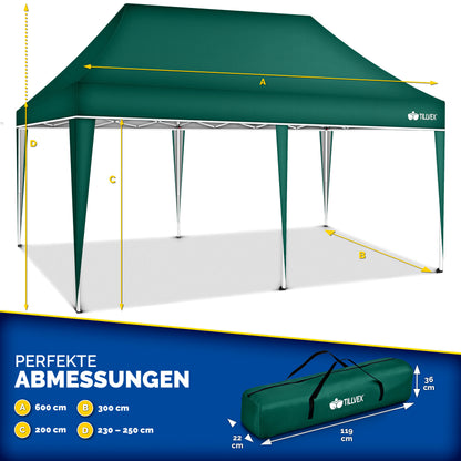 tillvex® Pavillon 3x6m Faltbar + 6x Sandsäcke | Pop-Up Faltpavillon Höhenverstellbar, Winterfest | Gartenzelt Stabil mit und ohne Seitenwänden UV Schutz 50+ | Partyzelt Wasserdicht mit Tasche für Garten