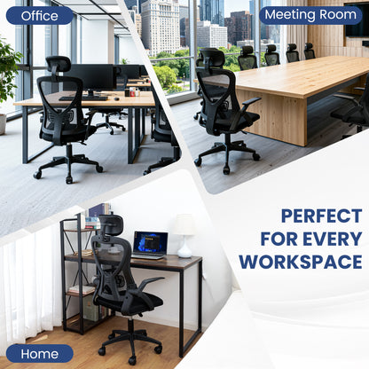 Ergonomischer Bürostuhl mit Kopfstütze und Lendenwirbelstütze, höhenverstellbarer Drehstuhl, atmungsaktiver Mesh-Rückenbürostuhl mit Armlehnen und Rollen für Homeoffice, Studium, Gaming