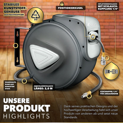 TRESKO® Druckluft Schlauchtrommel automatisch | Druckluftschlauch Aufroller 1/4" Anschluss | Wandschlauchhalter Automatik Schlauchaufroller