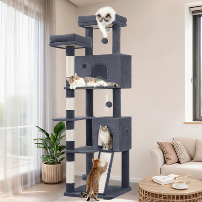 Fobyfurny Katzenbaum Turm, 178cm Kratzbaum für Katzen im Haus, Mehrstöckiger Katzenkletterbaum mit Kratzstämmen, Kratzbrett, 2 bequeme Futterställe, 2 Sitzplätze, Pompoms, Ruheplatz