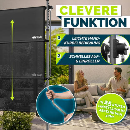 tillvex® Senkrechtmarkise Balkon ohne Bohren Klemmmarkise für draußen mit Kurbel Sichtschutz Außen Ausziehbar & Blickdicht Vertikalmarkise Balkon Terrasse Garten Sichtschutzrollo Wetterfest