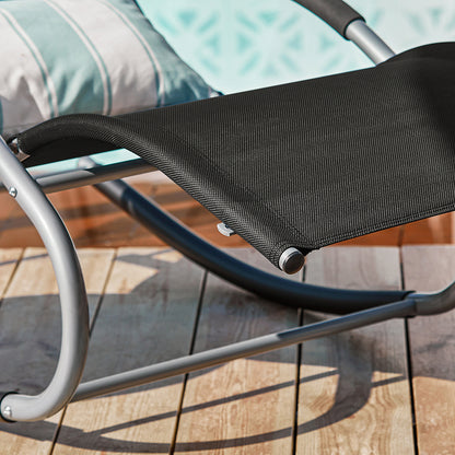 1 Stück Sonnenliege Gartenliege Relaxliege Schaukelliege Liegestuhl Outdoor mit Kopfkissen Ergonomische Liegefläche Wetterbeständiges Gewebe Metallgestell Seitentasche Bis 150 kg Terrasse Balkon Garten Camping 150x87x63cm