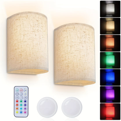 RGBW 2er-Set LED-Wandleuchten mit Fernbedienung, batteriebetrieben für den Innenbereich mit Stoffschirm, 12 RGB-Farben  Tagesweiß, wechselbare dimmbare Wandleuchte für Wohnzimmer, Schlafzimmer, Flur