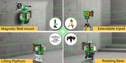 CONENTOOL A 16-Linien-Laser-Wasserwaage-Set, 360° Selbstnivellierung, 4X360° Grünes Kreuzfeuer-Laser-Wasserwaage, Geeignet für Bau und zum Aufhängen von Gemälden, 4D Laser-Wasserwaage, Inklusive zwei 2400mAh/3600mAh USB-wiederaufladbaren Batterien