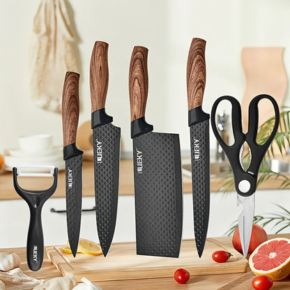 LeQi Küchenmesser - Rautenmuster - -schwarzer Griff - 6-teiliges Set im Karton, 6-teiliges Edelstahl-Messerset, Edelstahl-Küchenmesserset-Werkzeuge. Geschmiedetes Küchenmesser, Schere, Schäler, Schälmesser, Küchenset-Geschenkbox, Geeignet für: Haushaltskü