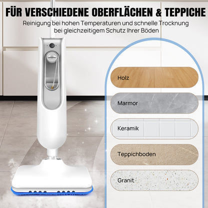 Dampfreiniger 1500W Dampfbesen Reiniger Dampf Mop Boden & Hand-dampfreiniger Steam Mop für Tiefenreinigung alle Böden Fliesen, Dampfmopp Elektrisch mit 400ML Tank, Effizient & mühelos reinigen mit heißem Dampf, 2 Mopptuch, Ohne Chemie