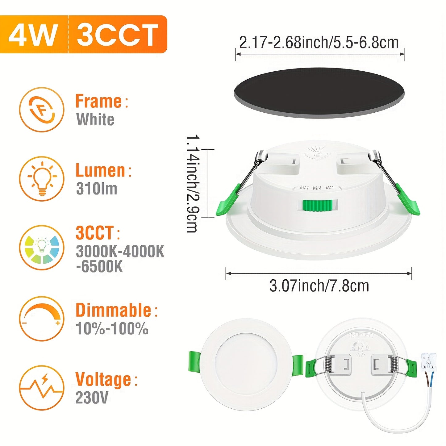 6er-Pack ALUSSO Einbauleuchten mit LED-Spot, 55-68 mm Aussparung, dimmbar, 4 W, 230 V, 260-310 Lm, Warmweiß 3.000 K/Neutralweiß 4.000 K/Kaltweiß 6.500 K auswählbar, für Schlafzimmer, Wohnzimmer, Küche, rund
